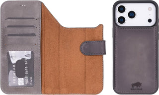 Solo Pelle Steingrau Lederhülle kompatibel für iPhone 17 Pro Max in 6.9 Zoll abnehmbare Hülle (2in1) inkl. Kartenfächer geeignet für MagSafe Zubehör