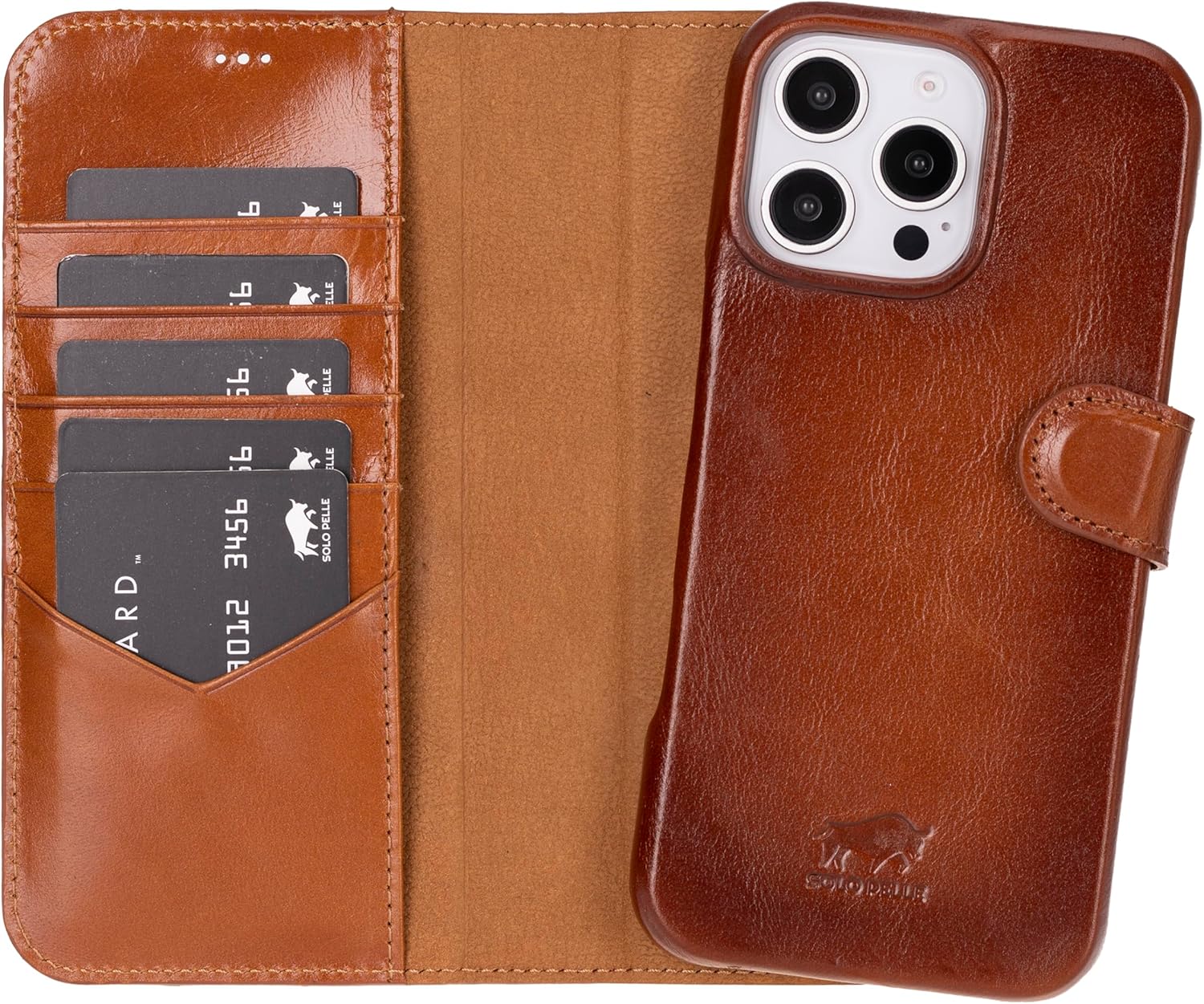 Solo Pelle Lederhülle kompatibel für iPhone 16 Pro Max in 6.9 Zoll abnehmbare Hülle (2in1) inkl. Kartenfächer geeignet für MagSafe Zubehör Cognac Braun Lifestyle