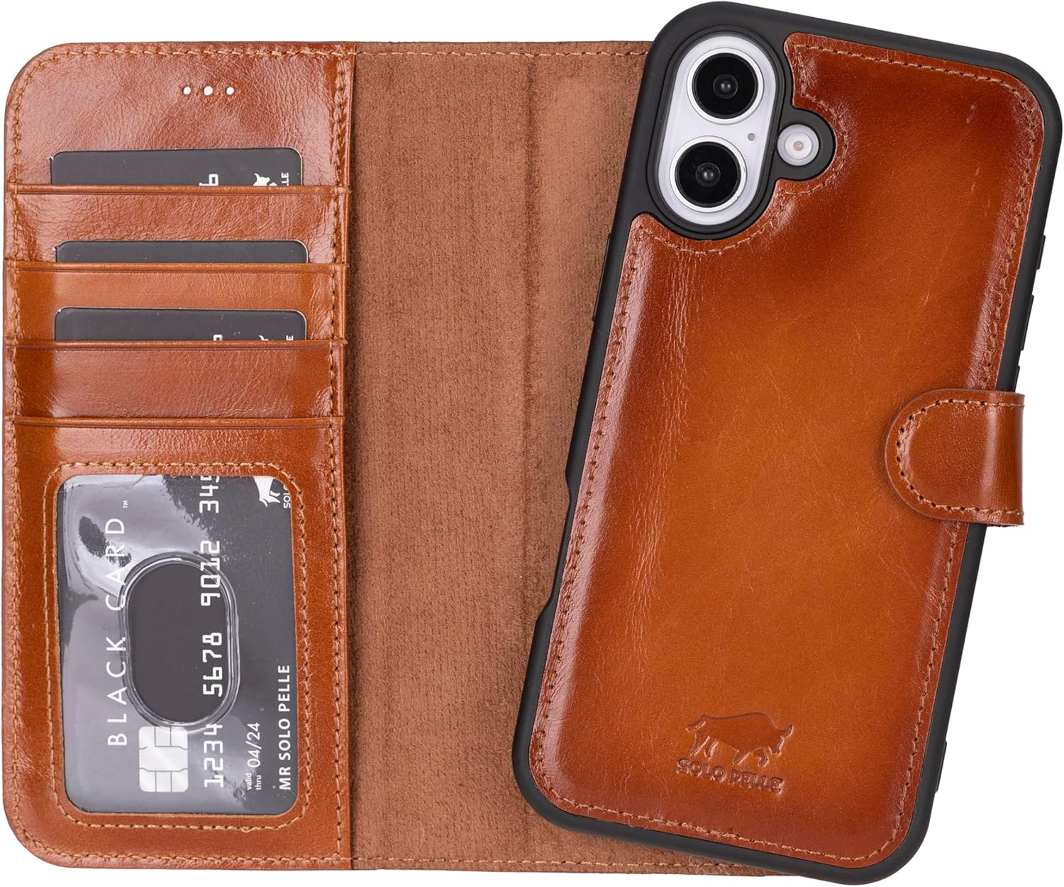 Solo Pelle Lederhülle kompatibel für iPhone 16 in 6.1 Zoll abnehmbare Hülle (2in1) inkl. Kartenfächer geeignet für MagSafe Zubehör Cognac Braun Lifestyle
