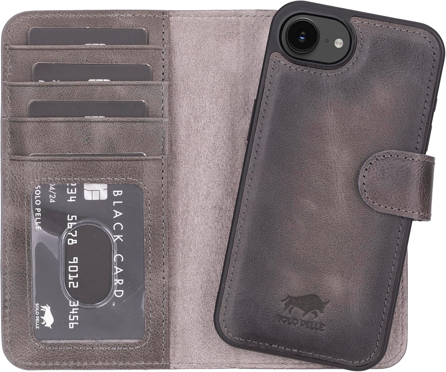 Solo Pelle Lederhülle kompatibel für iPhone 16e in 6.1 Zoll Steingrau abnehmbare Hülle (2in1) inkl. Kartenfächer geeignet für MagSafe Zubehör Lifestyle