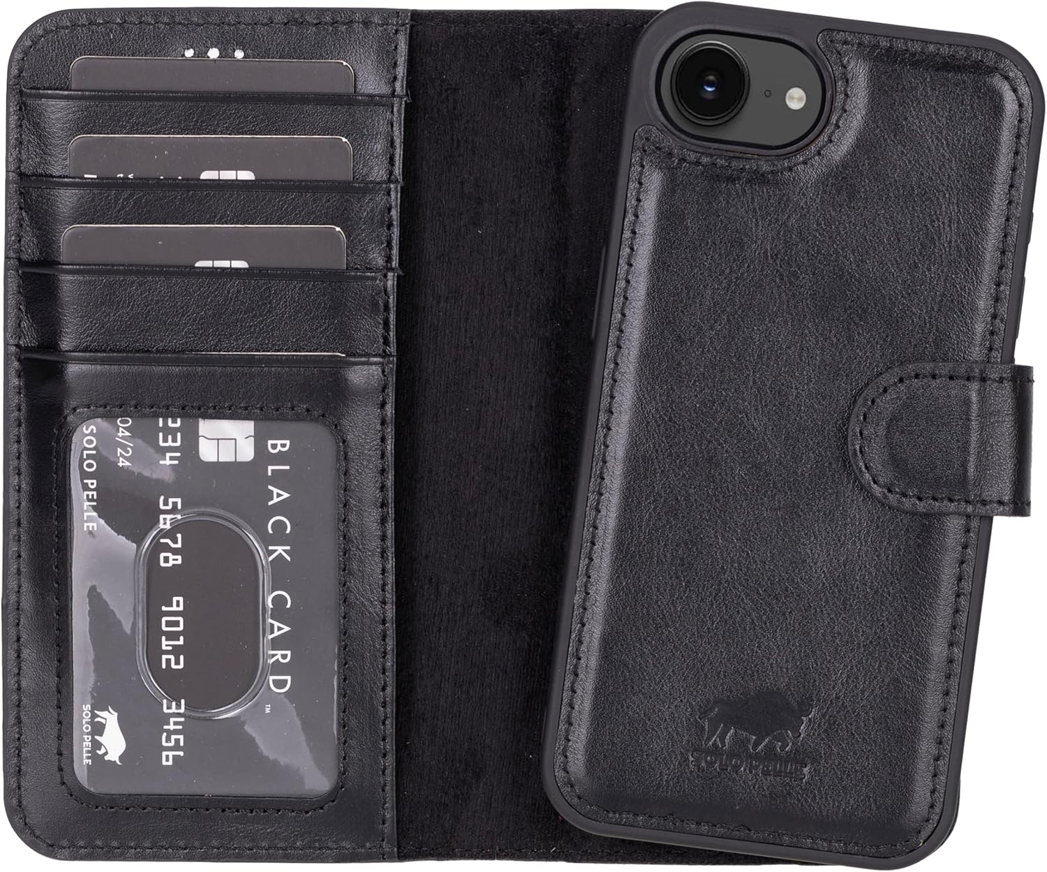 Solo Pelle Lederhülle kompatibel für iPhone 16e in 6.1 Zoll Schwarz abnehmbare Hülle (2in1) inkl. Kartenfächer geeignet für MagSafe Zubehör Lifestyle