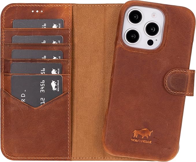 Solo Pelle Lederhülle kompatibel für iPhone 16 Pro in 6.3 Zoll abnehmbare Hülle (2in1) inkl. Kartenfächer geeignet für MagSafe Zubehör Camel Braun Lifestyle