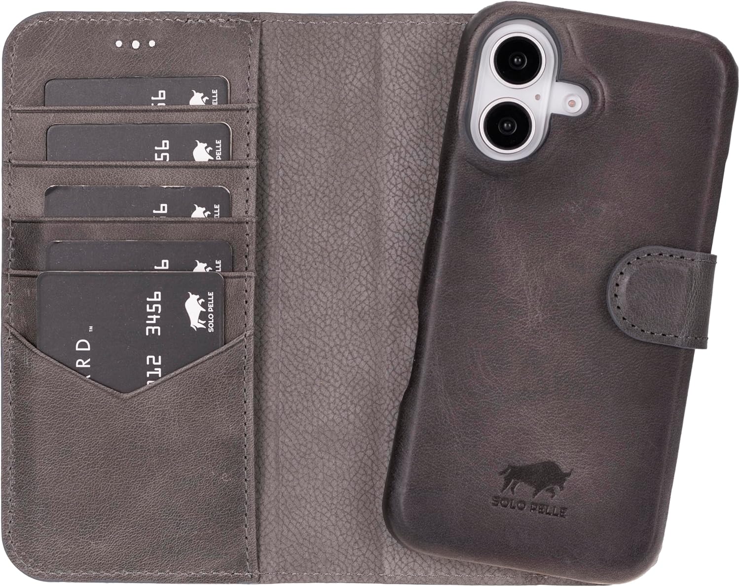 Solo Pelle Lederhülle kompatibel für iPhone 16 in 6.1 Zoll abnehmbare Hülle (2in1) inkl. Kartenfächer geeignet für MagSafe Zubehör Steingrau Lifestyle