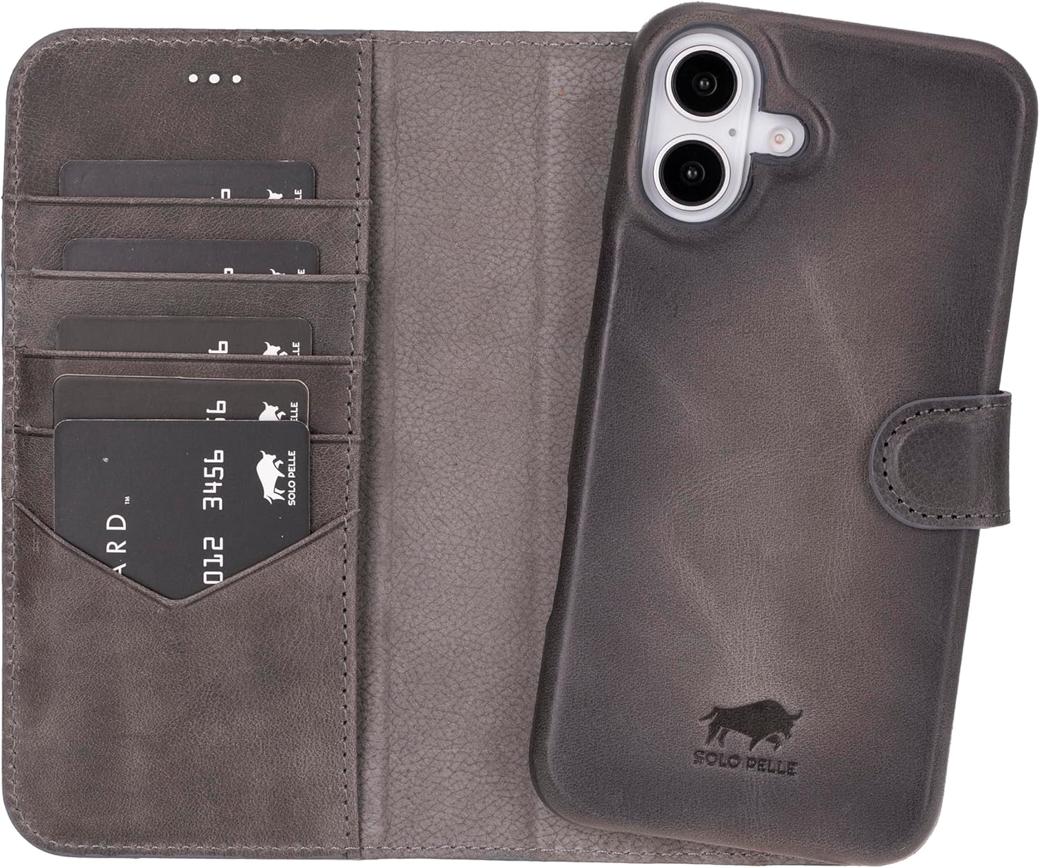 Solo Pelle Lederhülle kompatibel für iPhone 16 Plus in 6.7 Zoll abnehmbare Hülle (2in1) inkl. Kartenfächer geeignet für MagSafe Zubehör Steingrau Lifestyle