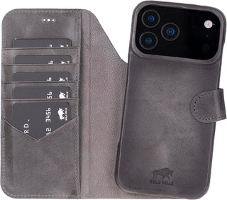 Solo Pelle Steingrau Lederhülle kompatibel für iPhone 17 Pro in 6.3 Zoll abnehmbare Hülle (2in1) inkl. Kartenfächer geeignet für MagSafe Zubehör