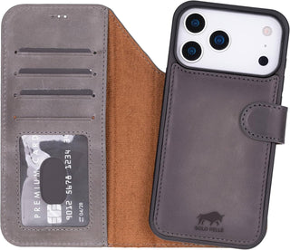 Solo Pelle Steingrau Lederhülle kompatibel für iPhone 17 Pro Max in 6.9 Zoll abnehmbare Hülle (2in1) inkl. Kartenfächer geeignet für MagSafe Zubehör