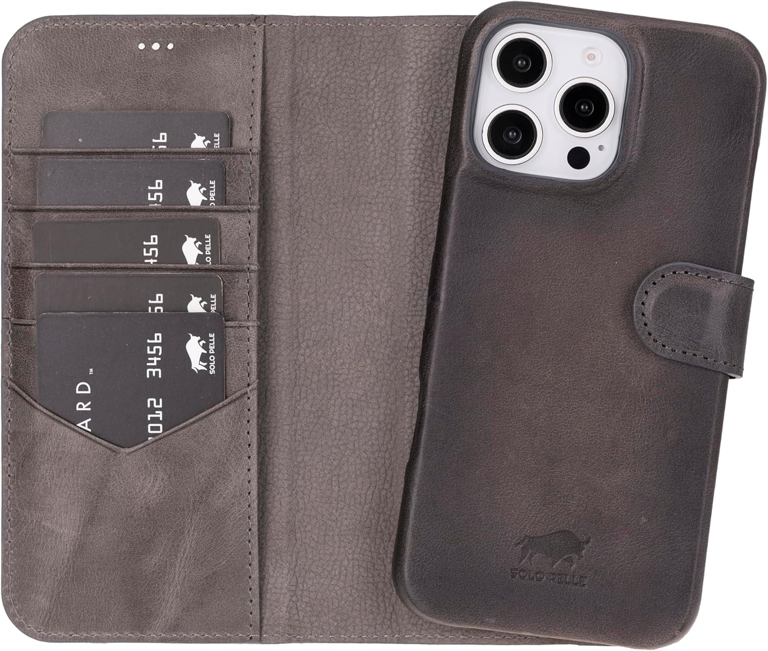 Solo Pelle Lederhülle kompatibel für iPhone 16 Pro Max in 6.9 Zoll abnehmbare Hülle (2in1) inkl. Kartenfächer geeignet für MagSafe Zubehör Steingrau Lifestyle