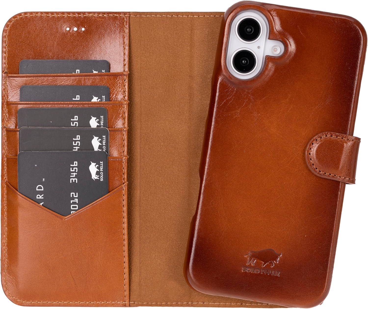 Solo Pelle Lederhülle kompatibel für iPhone 16 Plus in 6.7 Zoll abnehmbare Hülle (2in1) inkl. Kartenfächer geeignet für MagSafe Zubehör Cognac Braun Lifestyle