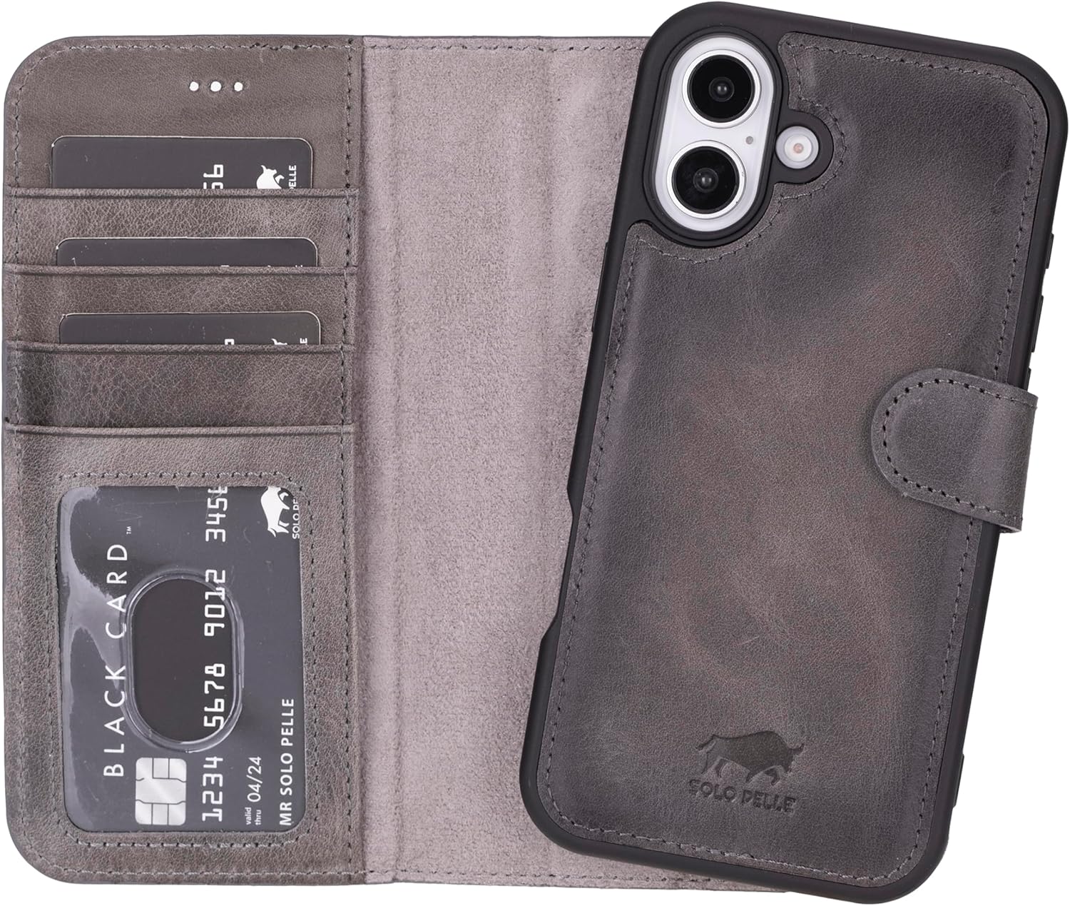 Solo Pelle Lederhülle kompatibel für iPhone 16 in 6.1 Zoll abnehmbare Hülle (2in1) inkl. Kartenfächer geeignet für MagSafe Zubehör Steingrau Lifestyle