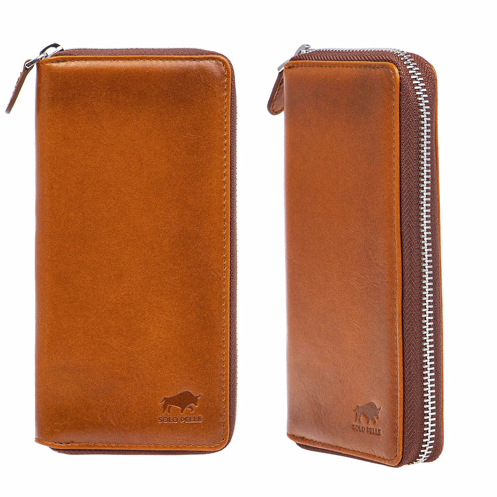 Solo Pelle " Universal Wallet passend für Apple iPhone 17 und iPhone 11 bis 16 Pro Max und Geräte bis 7,1 Zoll Reiseetui I Geldbörse aus echtem Leder (Cognac Braun Effekt) Maß: 8,8cm x 18cm x 2,3cm Lifestyle