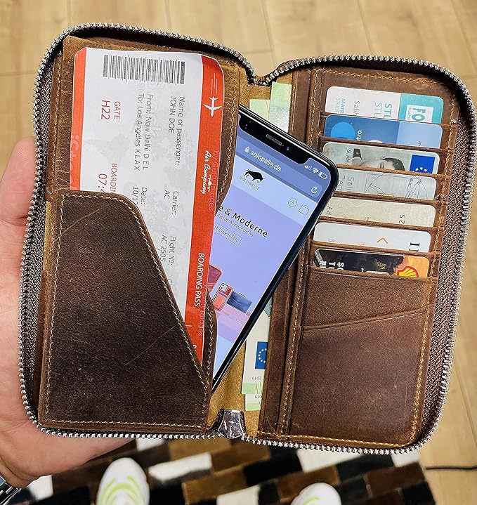 Solo Pelle " Universal Wallet passend für Apple iPhone 17 und iPhone 11 bis 16 Pro Max und Geräte bis 7,1 Zoll Reiseetui I Geldbörse aus echtem Leder (Vintage Braun)