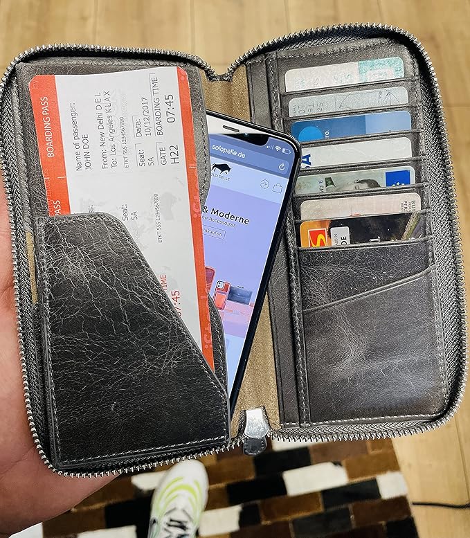 Solo Pelle " Universal Wallet passend für Apple iPhone 17 und Apple iPhone 11 bis 16 Pro Max und Geräte bis 7,1 Zoll Reiseetui I Geldbörse aus echtem Leder (Steingrau)