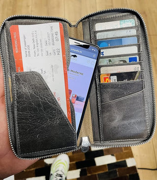 Solo Pelle " Universal Wallet passend für Apple iPhone 11 bis 16 Pro Max und Geräte bis 7,1 Zoll Reiseetui I Geldbörse aus echtem Leder (Steingrau)