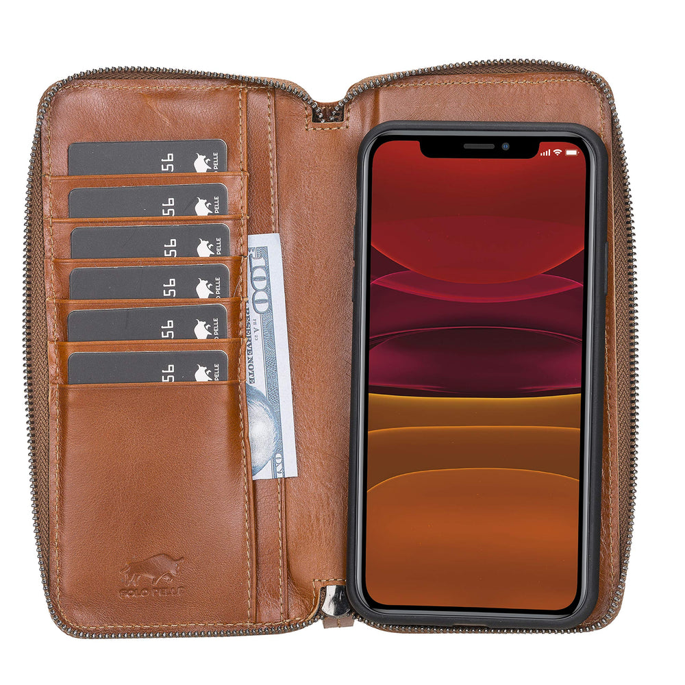 Solo Pelle Ledergeldbörse mit Scheinfach und Münzfach für Diverse Mobilgeräte 7.1 Zoll - Cognac Braun