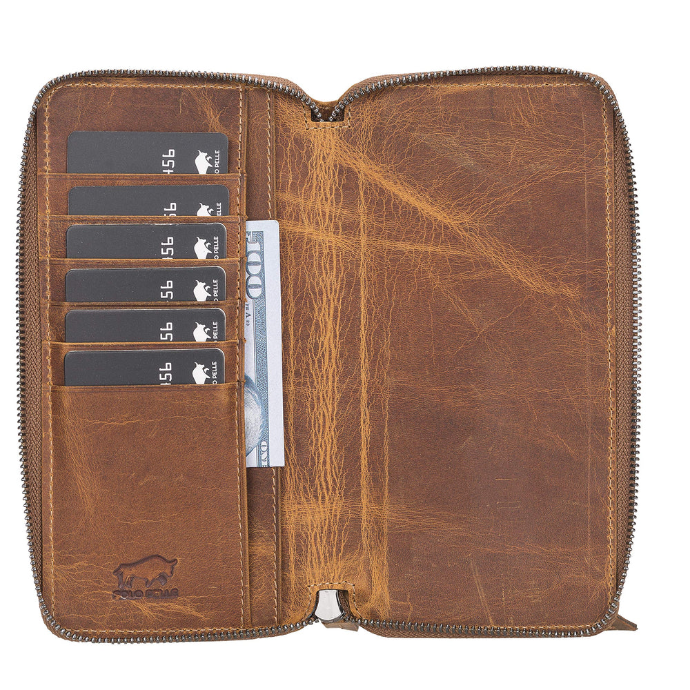 Solo Pelle Ledergeldbörse mit Scheinfach und Münzfach für Diverse Mobilgeräte 7.1 Zoll - Camel Braun