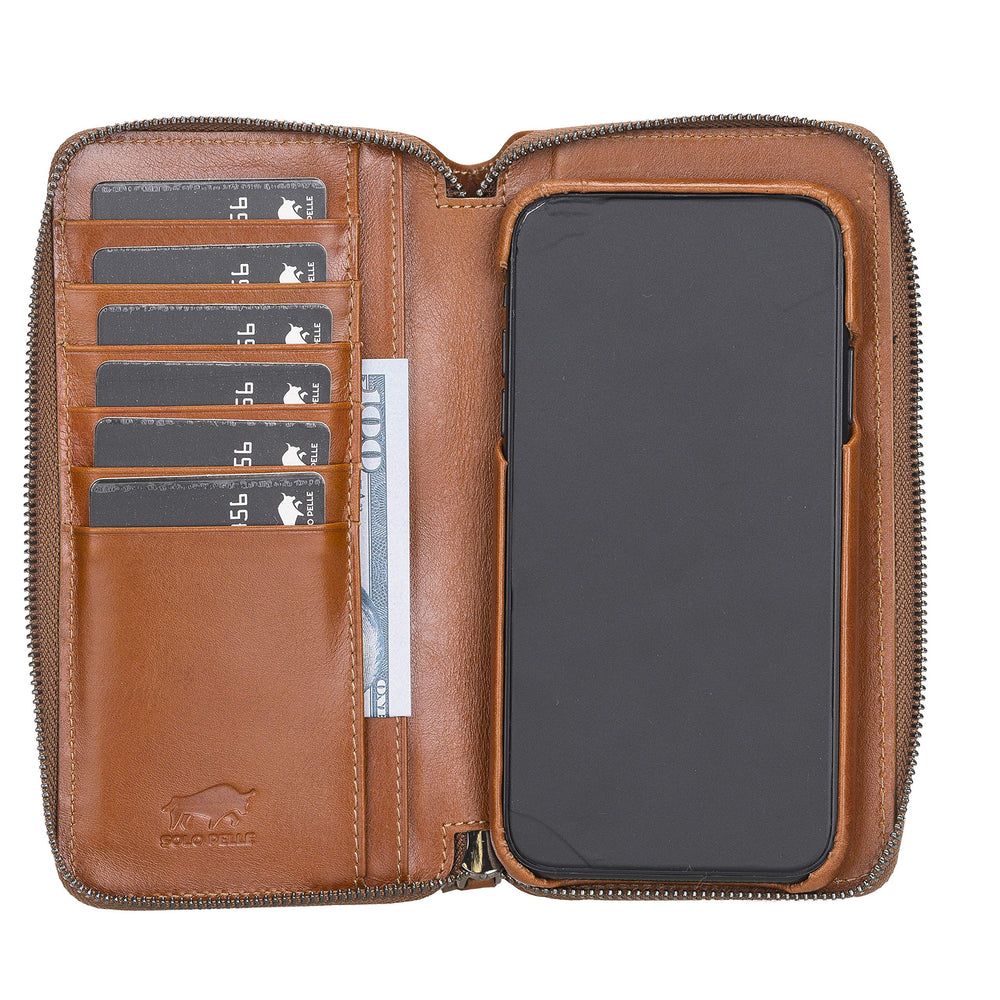 Solo Pelle Ledergeldbörse mit Scheinfach und Münzfach für Diverse Mobilgeräte 7.1 Zoll - Cognac Braun