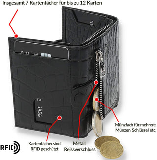 Slim Wallet "Riva" mit Münzfach 12 Karten - Kroko Schwarz