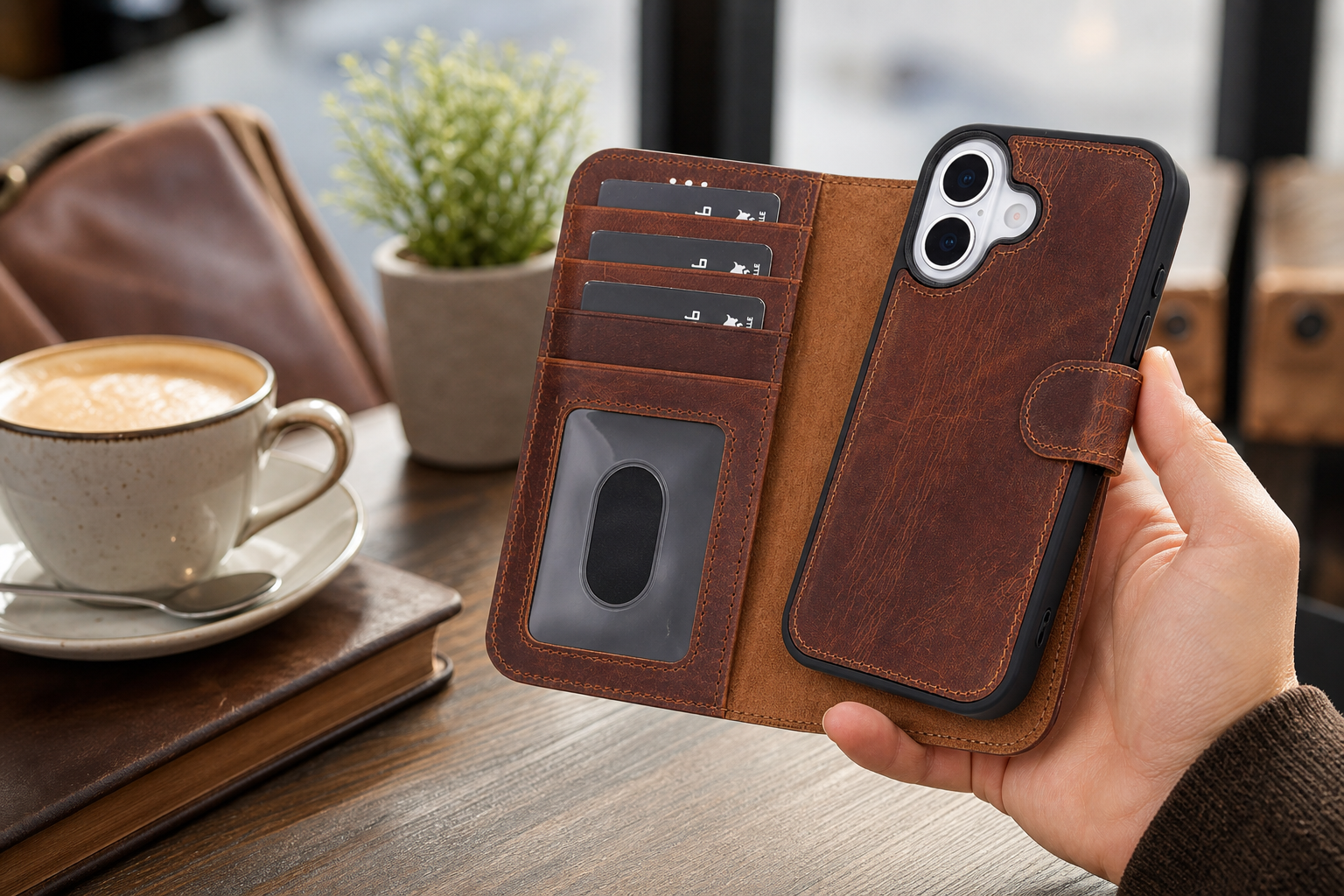 Solo Pelle Vintage Braun Lederhülle für iPhone 17 als Lifestyle Aufnahme